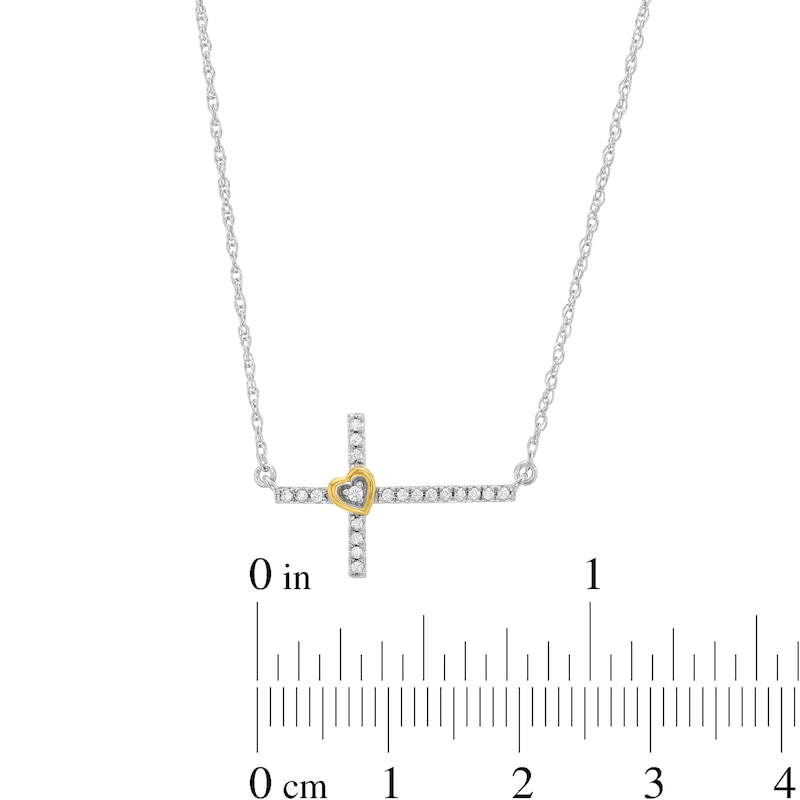 0.08 CT. T.W. Diamond Sideways Cross with Heart Necklace in Sterling Silver and 10K Gold