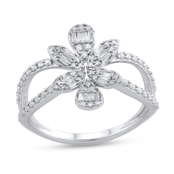 0.45 CT. T.W. Multi-Diamond Flower Split Shank Ring in 10K White Gold