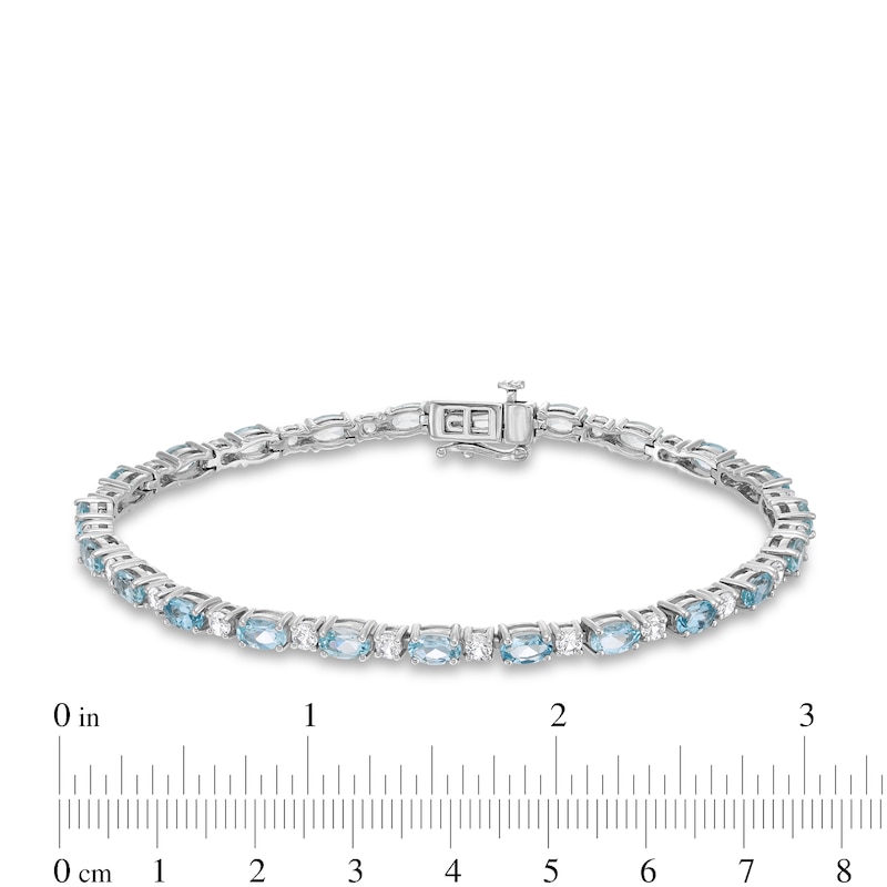 Main Image 4 of Oval Lab-Created Aquamarine and White Lab-Created Sapphire Alternating Line Bracelet in Sterling Silver - 7.25"