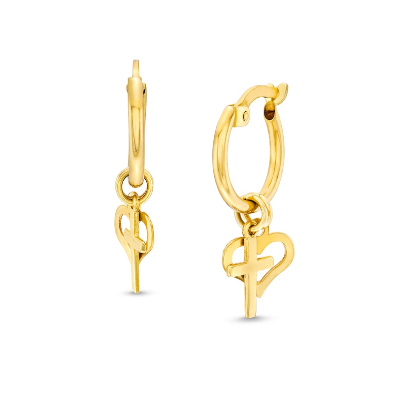 Heart and Cross Drop Earrings in Hollow 10K Gold|Peoples Jewellers