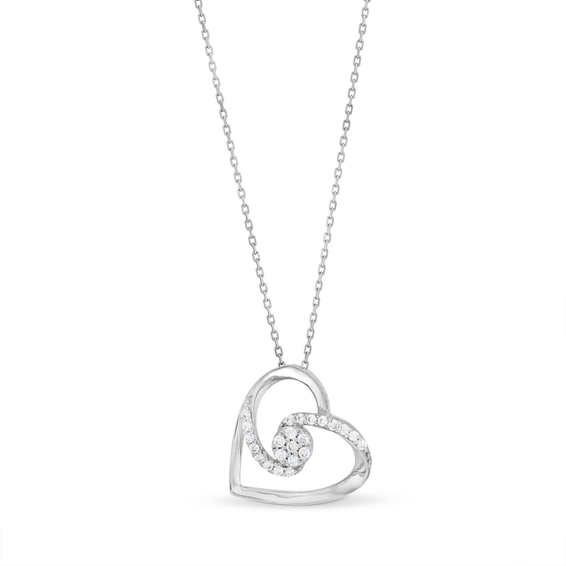 0.12 CT. T.W. Multi-Diamond Bypass Ribbon Tilted Heart Pendant in Sterling Silver