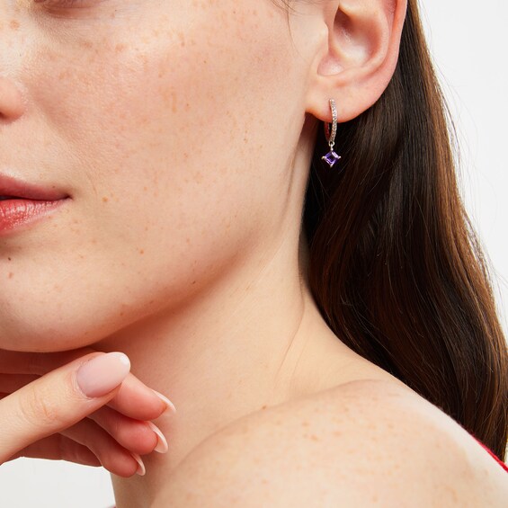 4.0mm Princess-Cut Amethyst and White Lab-Created Sapphire Drop Earrings in Sterling Silver