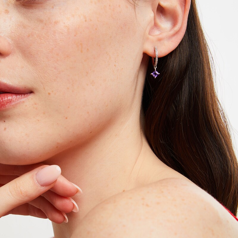 Main Image 2 of 4.0mm Princess-Cut Amethyst and White Lab-Created Sapphire Drop Earrings in Sterling Silver