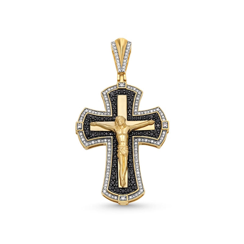 1.00 CT. T.W. Black and White Diamond Frame Flared Crucifix Necklace Charm in 10K Gold