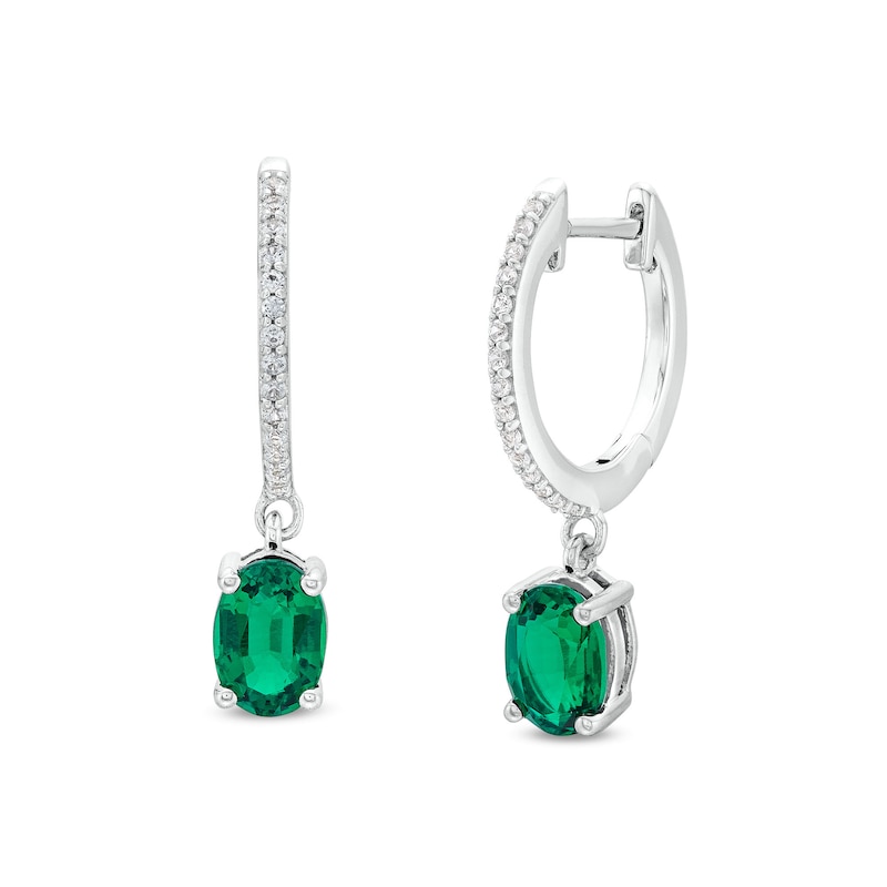 Main Image 1 of Oval Lab-Created Emerald and White Lab-Created Sapphire Drop Earrings in Sterling Silver