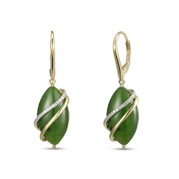 Marquise Jade and 0.10 CT. T.W. Diamond Double Ribbon Overlay Drop Earrings in 14K Gold