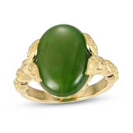 Oval Jade Leaf-Sides Ring in 14K Gold