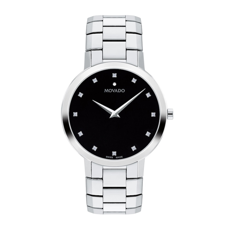 Men's Movado Faceto 0.04 CT. T.W. Diamond Watch with Black Dial (Model: 0607865)|Peoples Jewellers