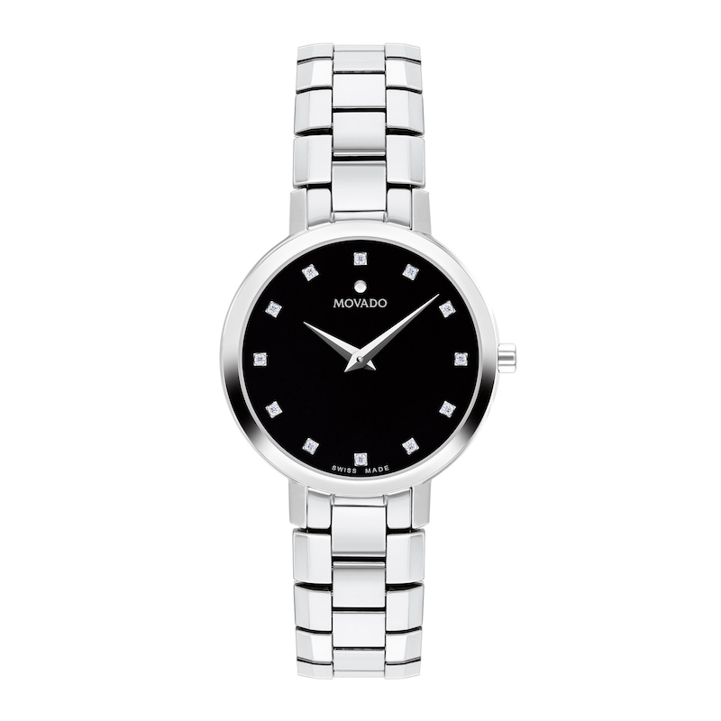 Ladies' Movado Faceto 0.04 CT. T.W. Diamond Watch with Black Dial (Model: 0607866)|Peoples Jewellers