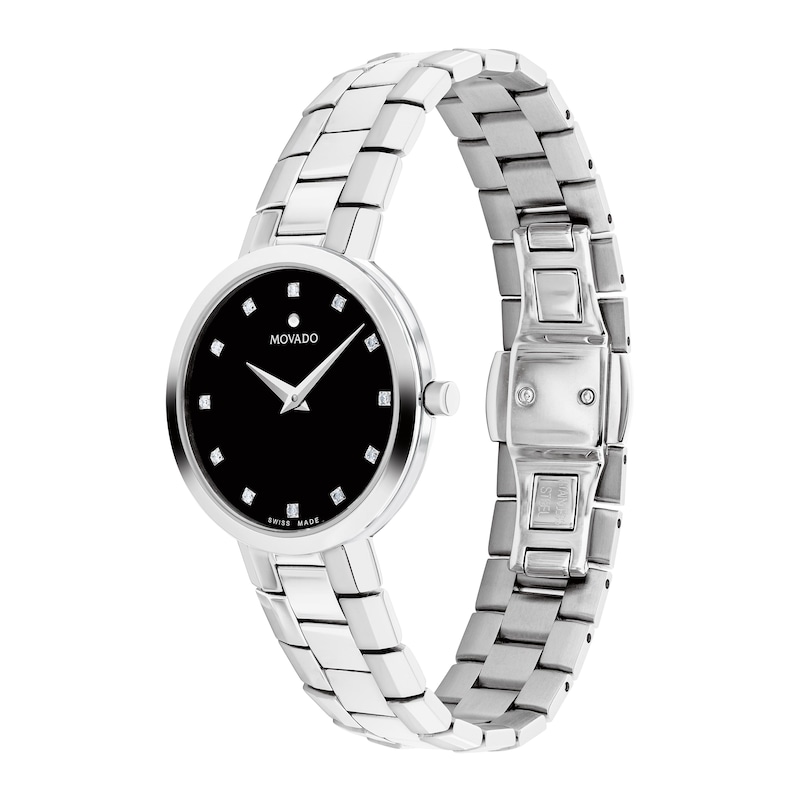 Ladies' Movado Faceto 0.04 CT. T.W. Diamond Watch with Black Dial (Model: 0607866)
