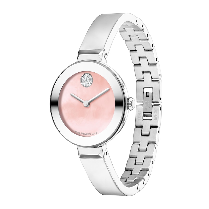 Ladies' Movado Bold® Crystal Accent Bangle Watch with Pink Mother-of Pearl Dial (Model: 3601178)|Peoples Jewellers