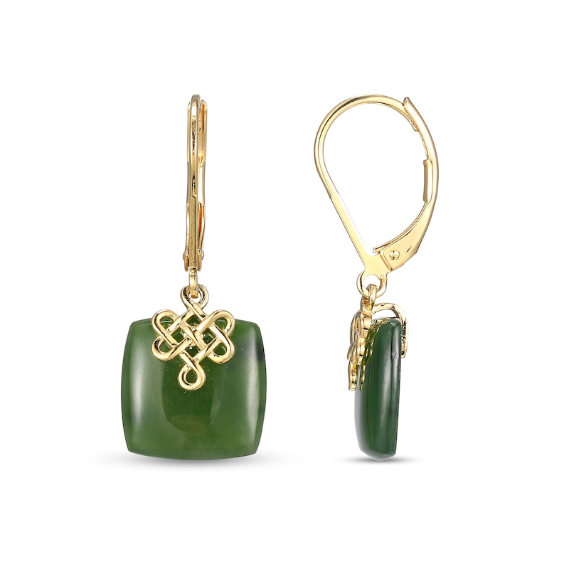 Main Image 2 of 12.0mm Cushion Jade Lucky Knot Drop Earrings in 18K Gold
