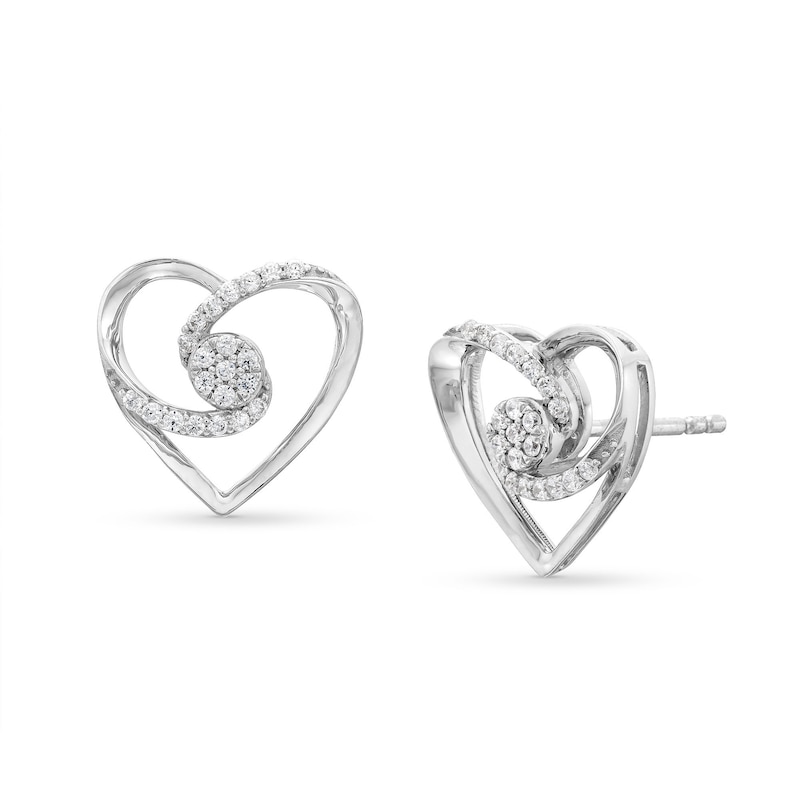 0.20 CT. T.W. Multi-Diamond Bypass Ribbon Heart Stud Earrings in Sterling Silver|Peoples Jewellers