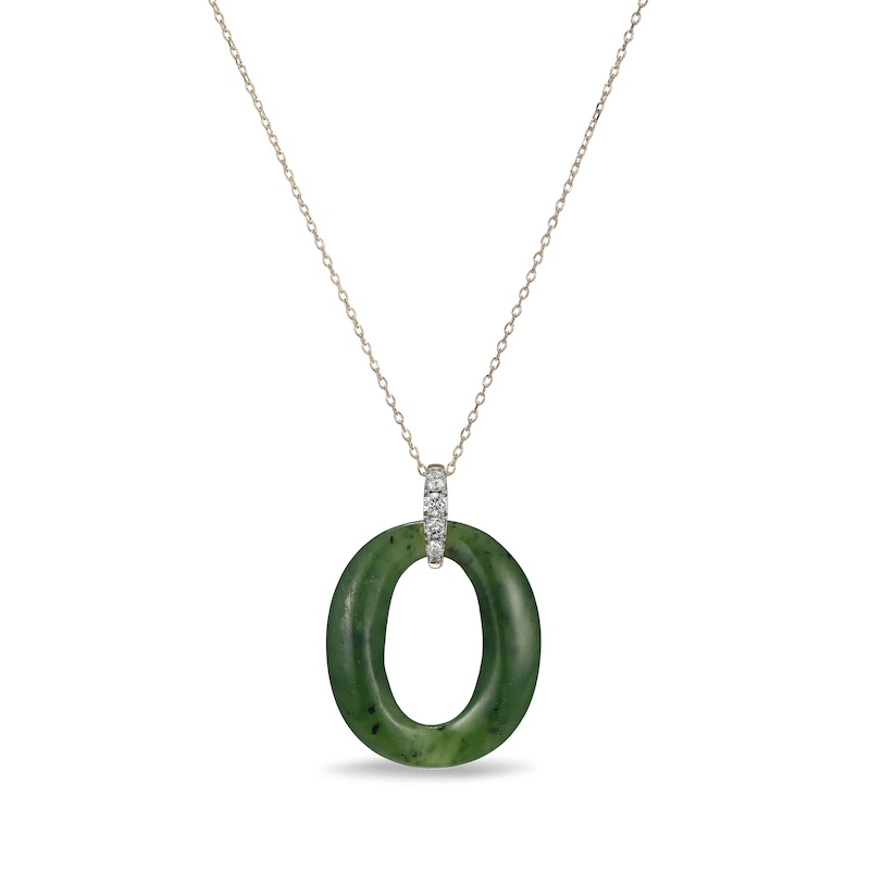 Main Image 1 of Jade and 0.25 CT. T.W. Diamond Oval Drop Pendant in 18K Gold