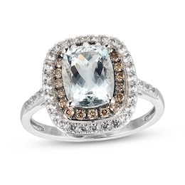 Cushion-Cut Aquamarine, White Lab-Created Sapphire and 0.18 CT. T.W. Brown Diamond Double Frame Ring in 14K White Gold - Size 7