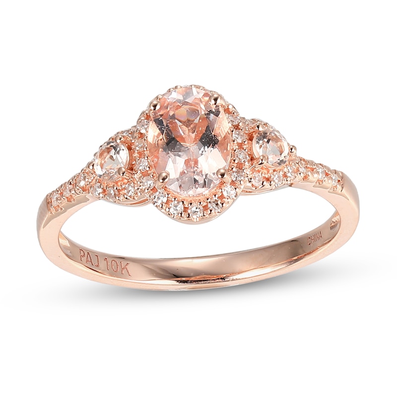 Main Image 1 of Oval and Round Morganite with 0.086 CT. T.W. Diamond Frame Three Stone Ring in 10K Rose Gold - Size 7