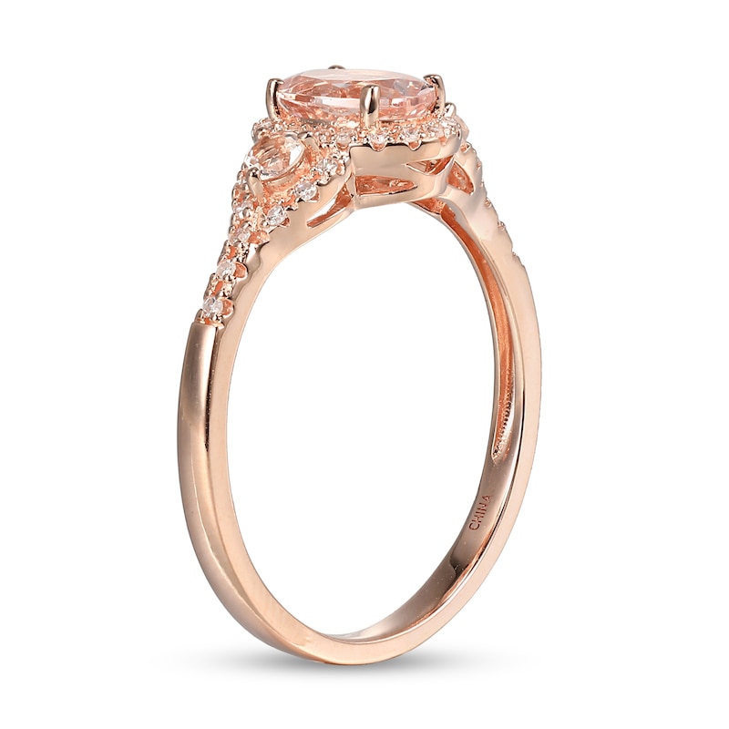 Main Image 2 of Oval and Round Morganite with 0.086 CT. T.W. Diamond Frame Three Stone Ring in 10K Rose Gold - Size 7