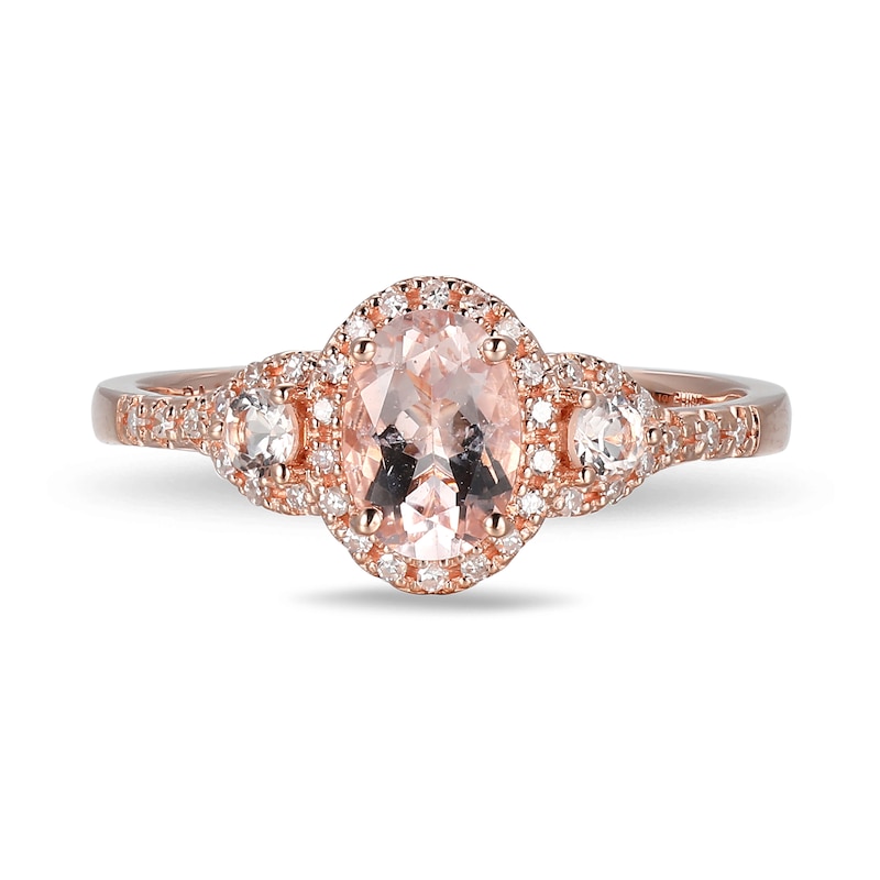 Main Image 3 of Oval and Round Morganite with 0.086 CT. T.W. Diamond Frame Three Stone Ring in 10K Rose Gold - Size 7