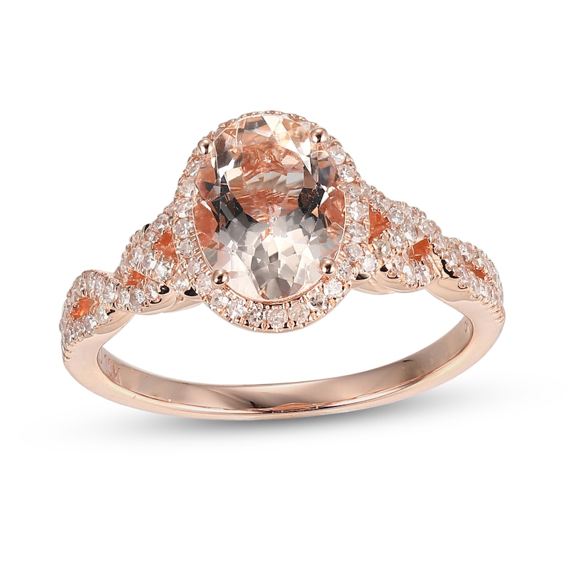 Main Image 1 of Oval Morganite and 0.29 CT. T.W. Diamond Frame Twist Shank Ring in 10K Rose Gold - Size 7