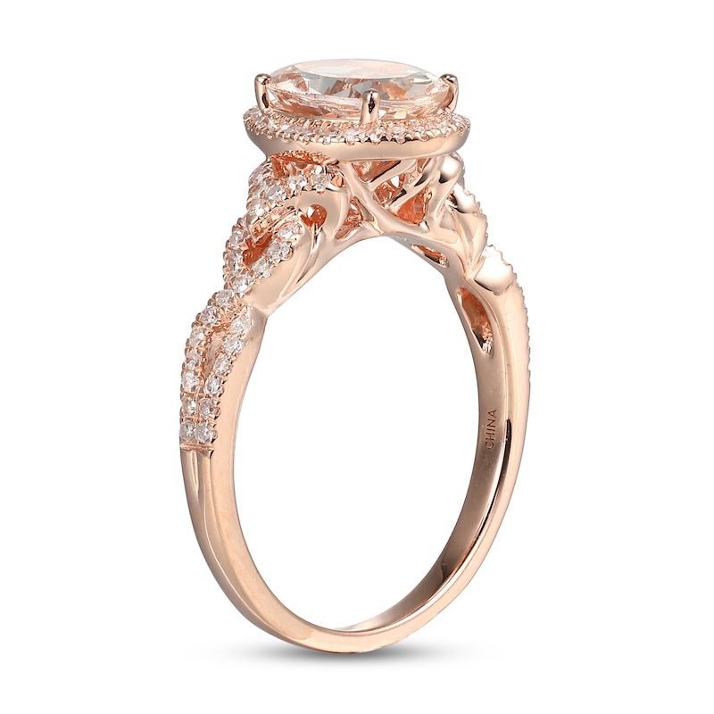 Main Image 2 of Oval Morganite and 0.29 CT. T.W. Diamond Frame Twist Shank Ring in 10K Rose Gold - Size 7