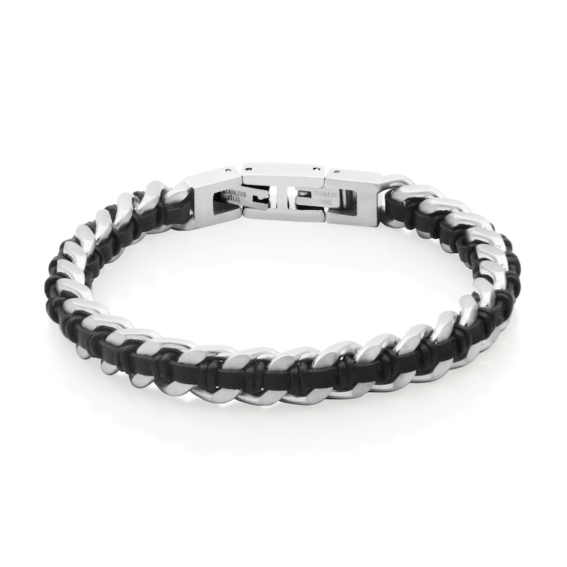 8.0mm Curb Chain Bracelet with Black Leather Woven Inlay in Stainless Steel - 8.5"|Peoples Jewellers