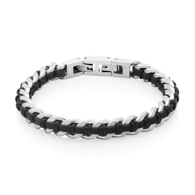 Main Image 1 of 8.0mm Curb Chain Bracelet with Black Leather Woven Inlay in Stainless Steel - 8.5"