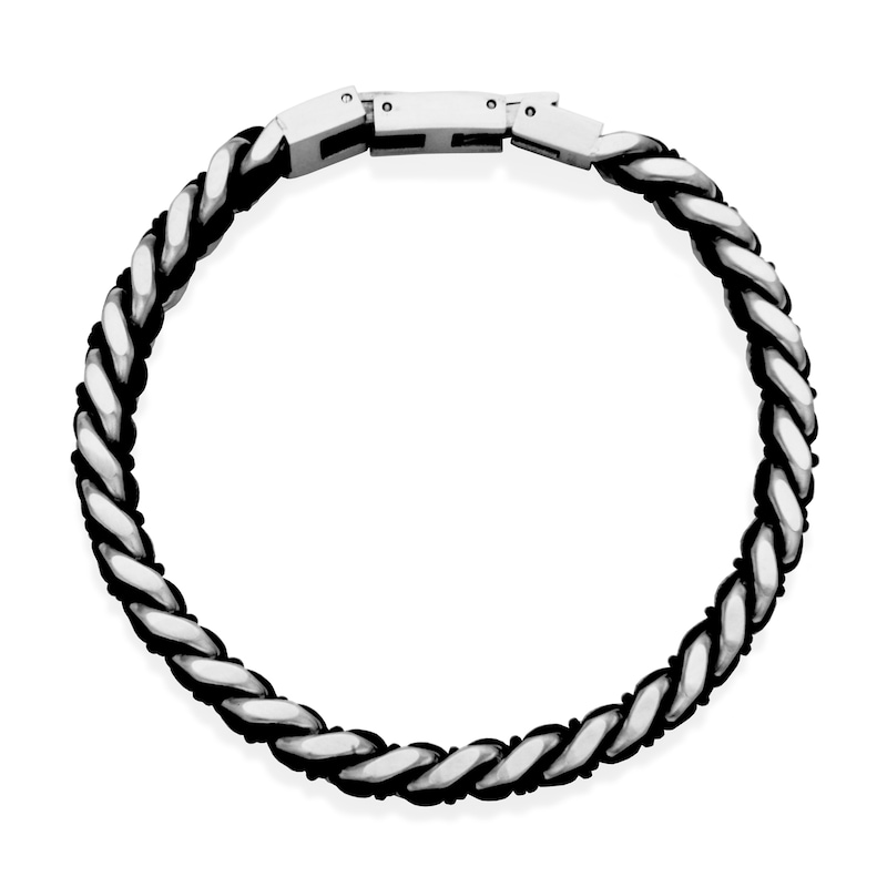 Main Image 2 of 8.0mm Curb Chain Bracelet with Black Leather Woven Inlay in Stainless Steel - 8.5"