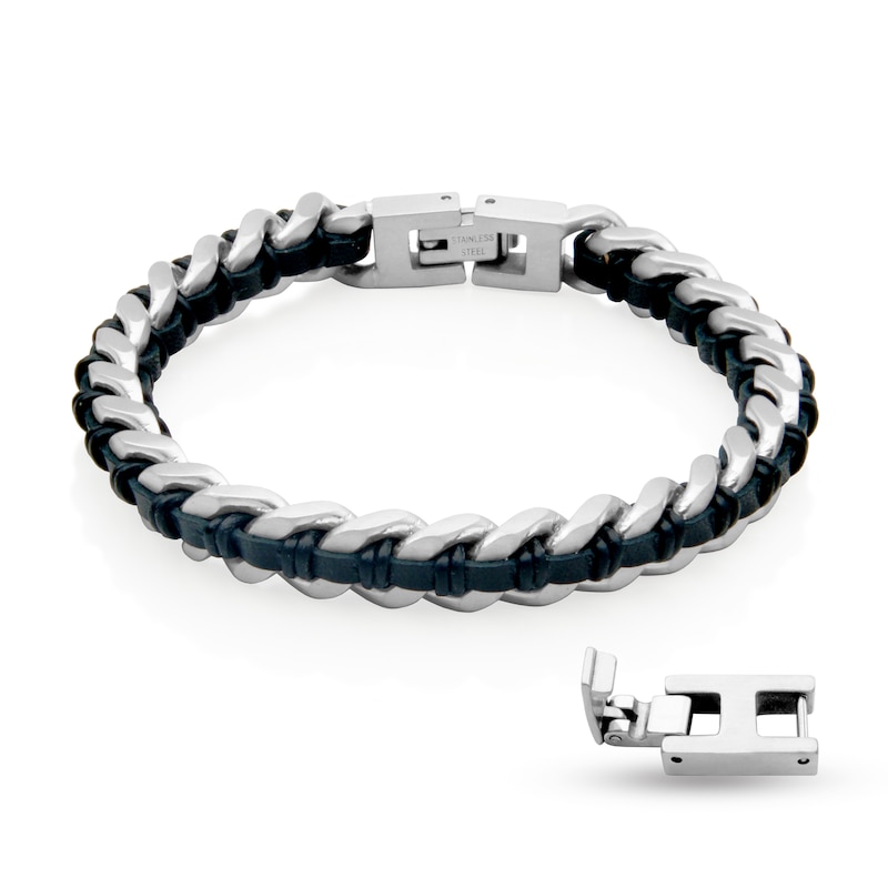 Main Image 3 of 8.0mm Curb Chain Bracelet with Black Leather Woven Inlay in Stainless Steel - 8.5"