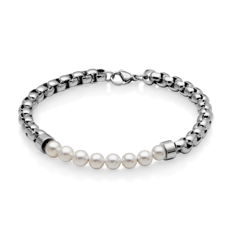 Main Image 1 of 5.5-6.0mm Mother-of-Pearl Bead Box Chain Bracelet in Stainless Steel - 8.5"