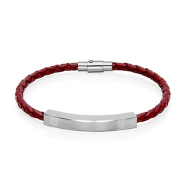 Braided Burgundy Leather Bracelet with ID Bar in Stainless Steel - 8"
