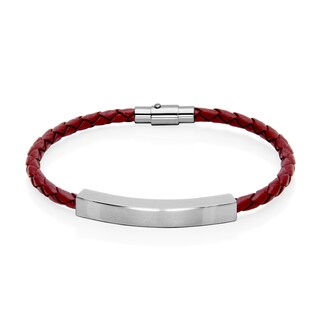 Braided Burgundy Leather Bracelet with ID Bar in Stainless Steel - 8"