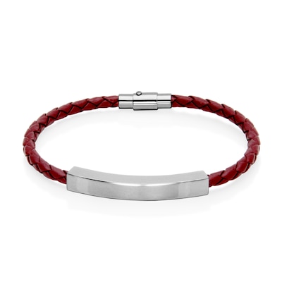 Braided Burgundy Leather Bracelet with ID Bar in Stainless Steel - 8"