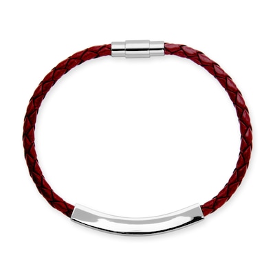 Braided Burgundy Leather Bracelet with ID Bar in Stainless Steel - 8"