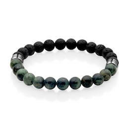 8.0mm Black Lava and Green Chalcedony Bead Half-and-Half Strand Bracelet in Stainless Steel - 8.75"