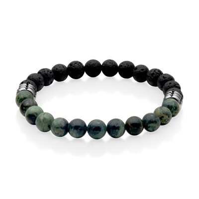 8.0mm Black Lava and Green Chalcedony Bead Half-and-Half Strand Bracelet in Stainless Steel - 8.75"