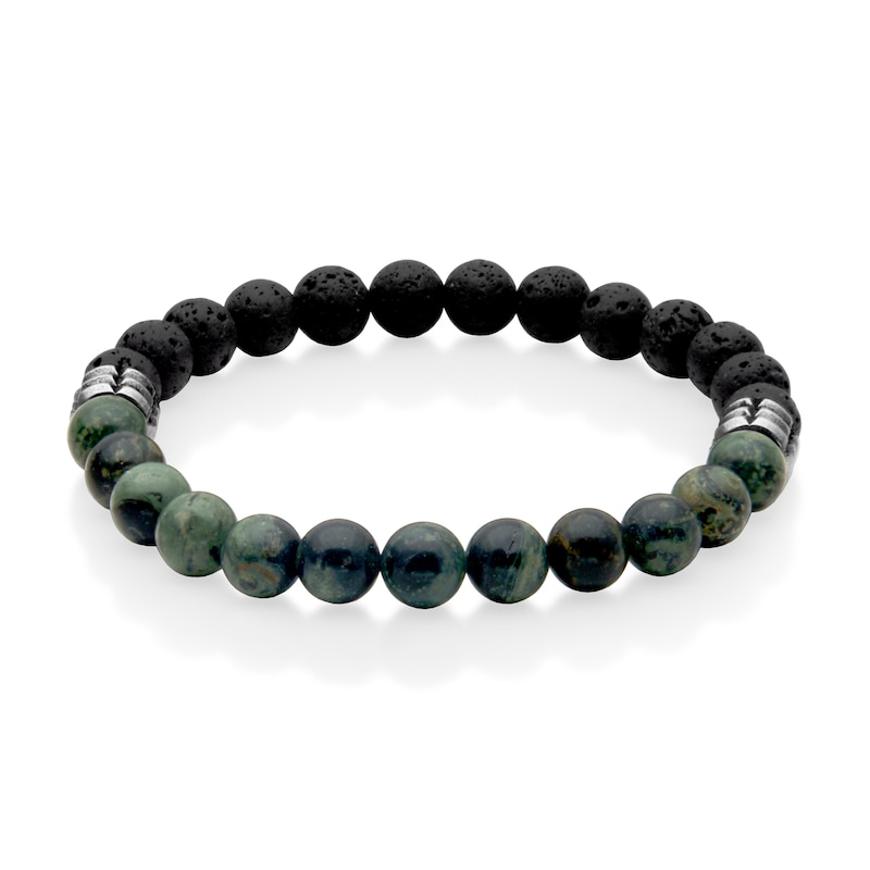 Main Image 1 of 8.0mm Black Lava and Green Chalcedony Bead Half-and-Half Strand Bracelet in Stainless Steel - 8.75"