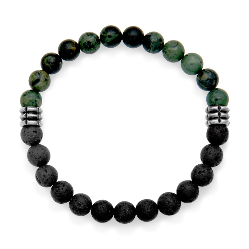 Main Image 2 of 8.0mm Black Lava and Green Chalcedony Bead Half-and-Half Strand Bracelet in Stainless Steel - 8.75"