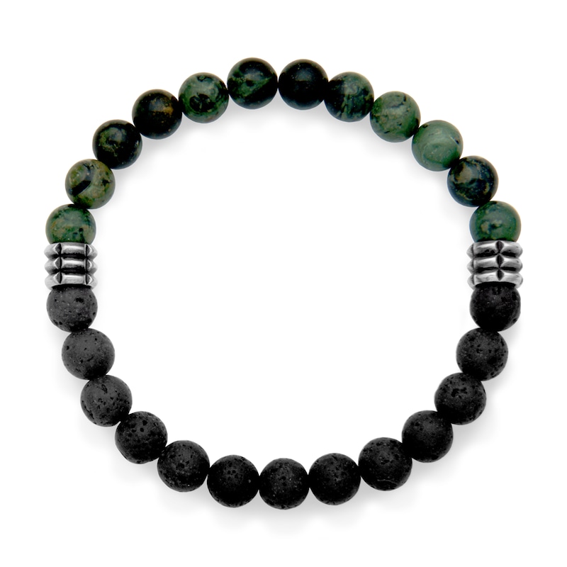 8.0mm Black Lava and Green Chalcedony Bead Half-and-Half Strand Bracelet in Stainless Steel - 8.75"