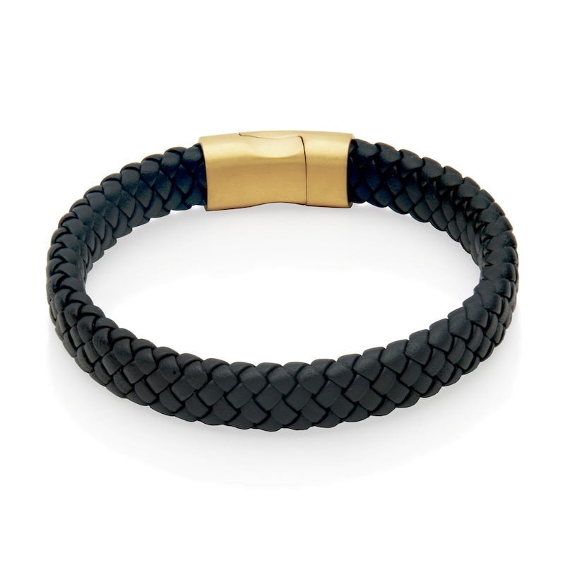 Main Image 1 of Woven Black Leather Bracelet with Yellow IP Stainless Steel Clasp - 8.5"