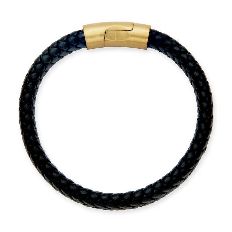 Woven Black Leather Bracelet with Yellow IP Stainless Steel Clasp - 8.5"