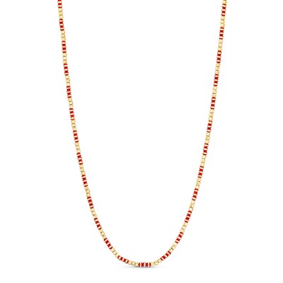 Diamond-Cut and Red Enamel Bead Necklace in Hollow 18K Gold - 16"