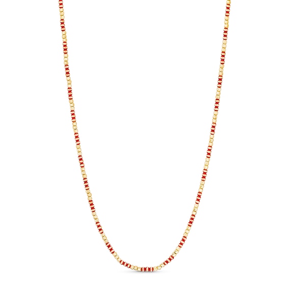 Diamond-Cut and Red Enamel Bead Necklace in Hollow 18K Gold - 16"