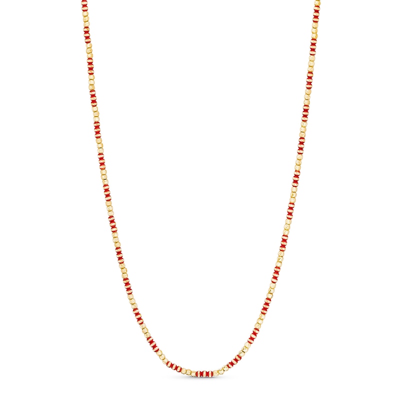 Diamond-Cut and Red Enamel Bead Necklace in Hollow 18K Gold - 16"