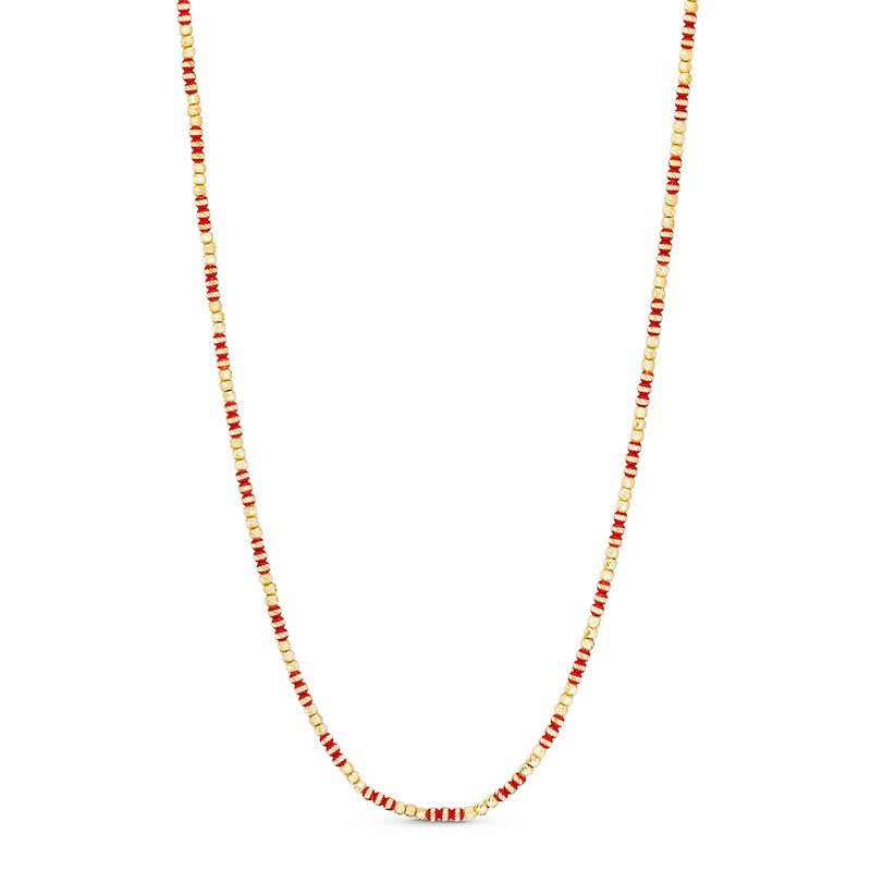 Diamond-Cut and Red Enamel Bead Necklace in Hollow 18K Gold - 16"|Peoples Jewellers