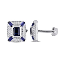 Blue Lab-Created Sapphire and White Lab-Created Sapphire Art Deco Style Cuff Links in Sterling Silver