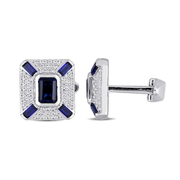 Blue Lab-Created Sapphire and White Lab-Created Sapphire Art Deco Style Cuff Links in Sterling Silver