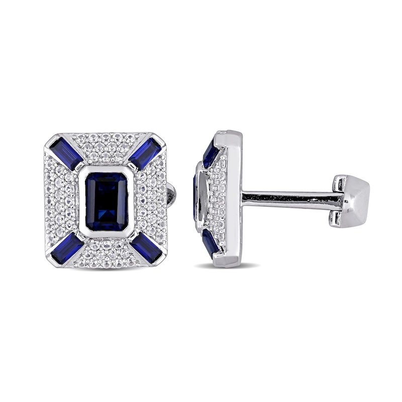 Main Image 1 of Blue Lab-Created Sapphire and White Lab-Created Sapphire Art Deco Style Cuff Links in Sterling Silver
