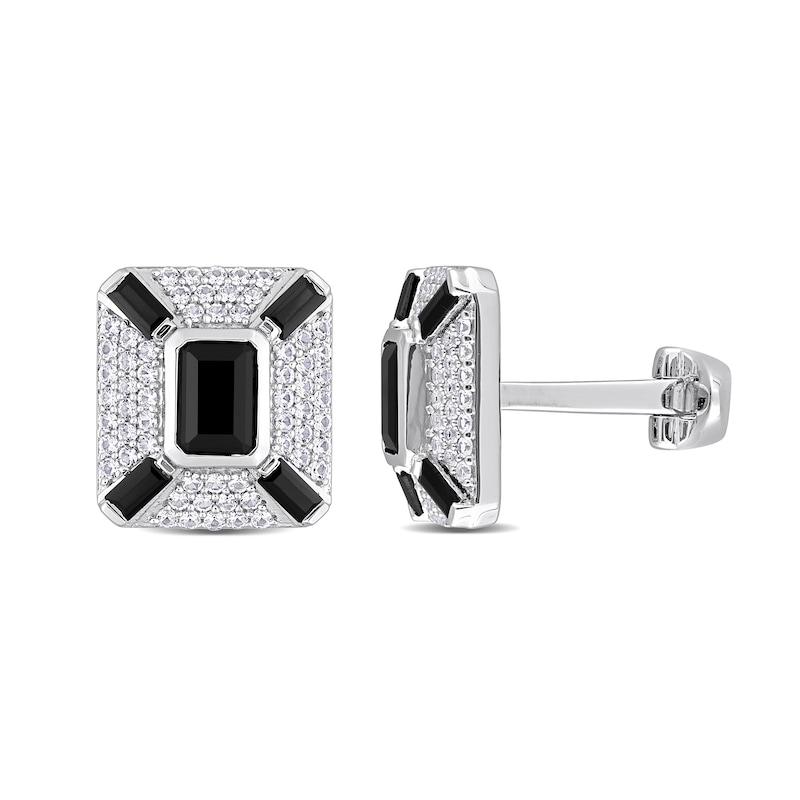 Main Image 1 of Black Lab-Created Sapphire and White Lab-Created Sapphire Art Deco Style Cuff Links in Sterling Silver