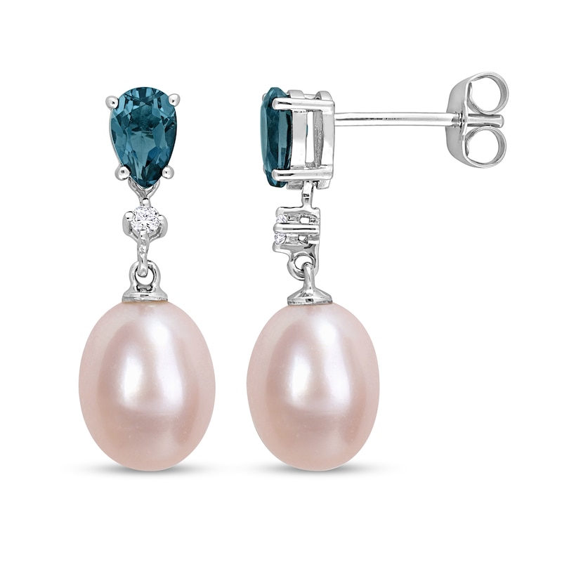 8.0-8.5mm Cultured Freshwater Pearl, London Blue Topaz and Diamond Accent Drop Earrings Set in 10K White Gold|Peoples Jewellers