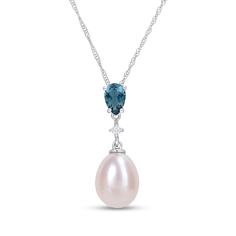 Main Image 1 of 8.0-8.5mm Freshwater Cultured Pearl, London Blue Topaz and Diamond Accent Pendant in 10K White Gold